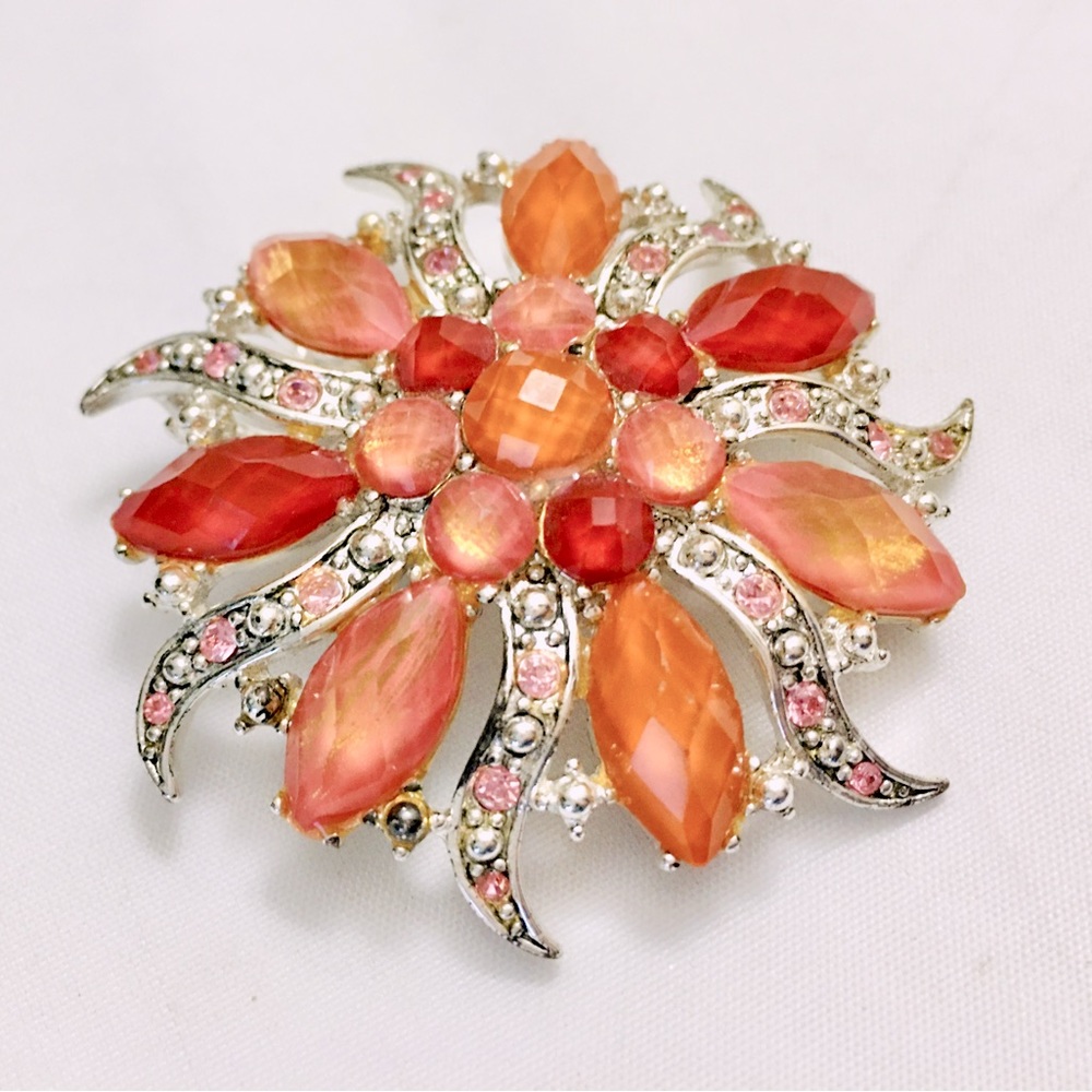 Silver Tone Pink Red Orange Faceted Rhinestone Brooch Pendant